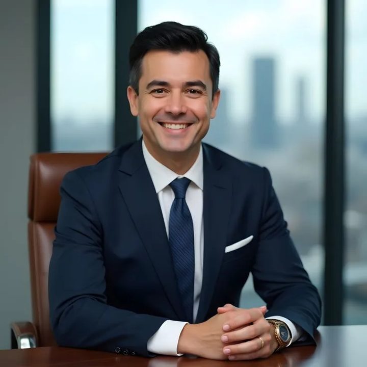 Advogado sorrindo à mesa, com a cidade ao fundo